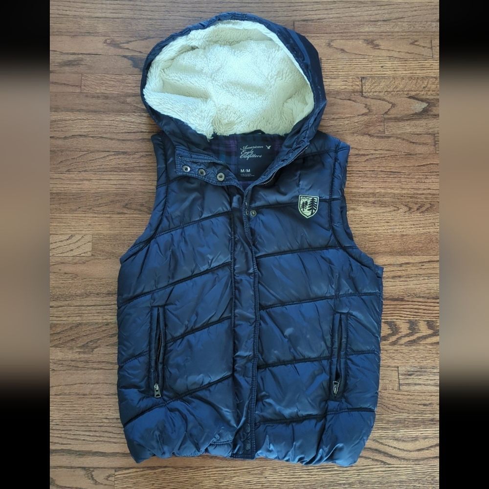 American Eagle  Women's Puffer Hooded Vest Coat Jacket  Navy Blue GUC Medium